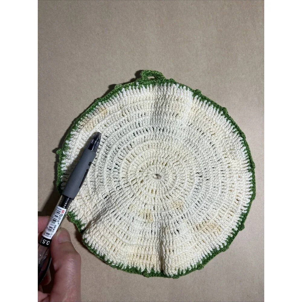 Vintage Lot Of 4 Handmade Crochet Hot Pad Potholders Green‎ & White Yellow Dress